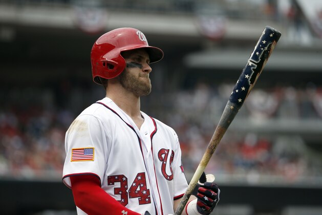 Washington Nationals right fielder Bryce Harper (34) bats during a baseball game against the San Francisco Giants at Nationals Park, Saturday, July 4, 2015, in Washington. The Nationals won 9-3. (AP Photo/Alex Brandon)