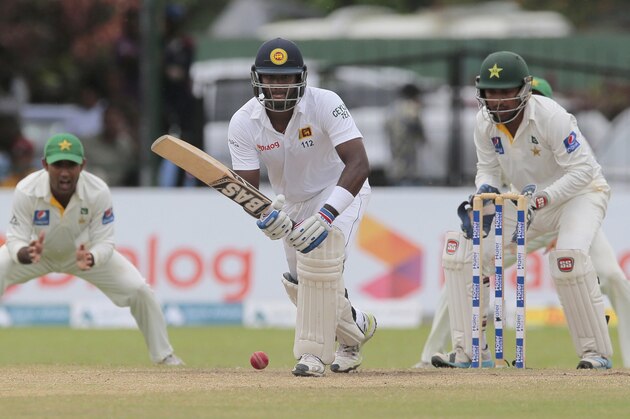 Sri Lankan captain Angelo Mathews bats during the fifth day of the second cricket test match against Pakistan, in Colombo, Sri Lanka, Monday, June 29, 2015. Sri Lnka won the match by 7 wickets. (AP Photo/Eranga Jayawardena)