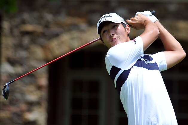 Danny Lee tees off on the forth hole during the final round of the Greenbrier Classic golf tournament at Greenbrier Resort in White Sulphur Springs, W.Va., Sunday, July 5, 2015. (AP Photo/Chris Tilley)