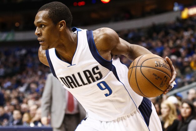 Dallas Mavericks guard Rajon Rondo (9) drives the ball during the second half an NBA basketball game against the Charlotte Hornets, Sunday, Feb. 22, 2015, in Dallas. The Mavericks won 92-81. (AP Photo/Jim Cowsert)
