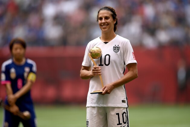 VANCOUVER, BC - JULY 05:  Carli Lloyd #10 of the United States poses after winning the Golden Ball during the FIFA Women's World Cup Canada 2015 Final at BC Place Stadium on July 5, 2015 in Vancouver, Canada.  (Photo by Dennis Grombkowski/Getty Images)