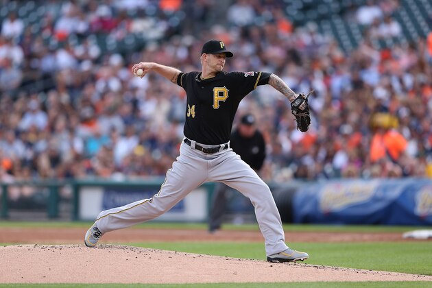 DETROIT, MI - JULY 1:  A.J. Burnett #34 of the Pittsburgh Pirates pitches in the first inning of the interleague game against the Detroit Tigers on July 1, 2015 at Comerica Park in Detroit, Michigan. (Photo by Leon Halip/Getty Images)