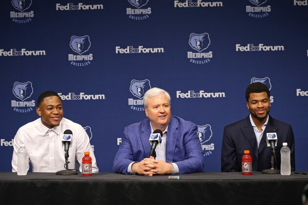 MEMPHIS, TN - JUNE 29:  Jarell Martin #10, Andrew Harrison #4 and General Manager Chris Wallace of the Memphis Grizzlies address the media during a press conference introducing 2015 NBA draft picks on June 29, 2015 at FedExForum in Memphis, Tennessee.  NOTE TO USER: User expressly acknowledges and agrees that, by downloading and or using this photograph, User is consenting to the terms and conditions of the Getty Images License Agreement. Mandatory Copyright Notice: Copyright 2015 NBAE (Photo by Joe Murphy/NBAE via Getty Images)