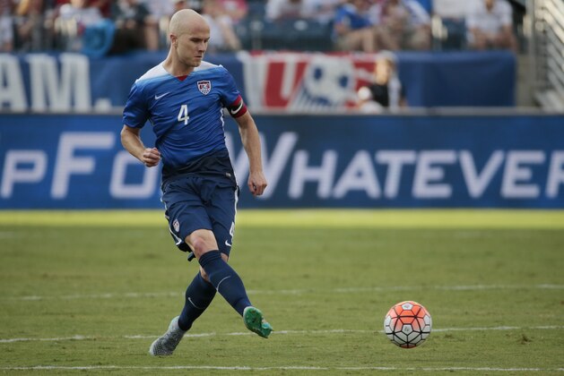 United States midfielder Michael Bradley plays against Guatemala in the first half of a friendly soccer match Friday, July 3, 2015, in Nashville, Tenn. (AP Photo/Mark Humphrey)