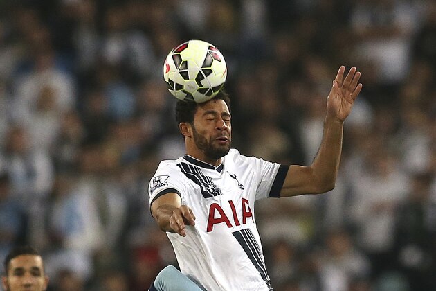 Tottenham Hotspur's Mousa Dembele, top, and Sydney FC Mickael Tavares leap to head the ball during their friendly match in Sydney, Australia, Saturday, May 30, 2015. (AP Photo/Glenn Nicholls)
