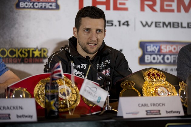 IBF and WBA super-middleweight boxing champion Carl Froch speaks during a press conference with his opponent George Groves at Wembley Stadium in London, Thursday, May 29, 2014.  Billed as one of the biggest fights in British boxing history, the second installment of Carl Froch vs. George Groves has the ingredients of a classic. Saturday's fight for Froch's IBF and WBA super-middleweight titles will take place at Wembley Stadium in front of a record British boxing crowd of about 80,000 fans.  (AP Photo/Matt Dunham)