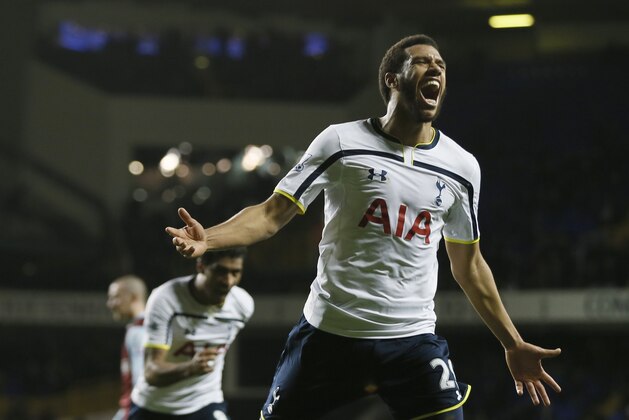 Tottenham’s Etienne Capoue celebrates after scoring after scoring his sides second goal during the English FA Cup third round replay soccer match between Tottenham Hotspur and Burnley at the White Hart Lane stadium in London, Wednesday, Jan. 14, 2015. (AP Photo/Alastair Grant)