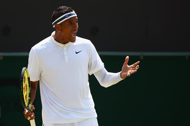 LONDON, ENGLAND - JULY 03:  Nick Kyrgios of Australia reacts in his Gentlemen's Singles Third Round match against Milos Raonic of Canada during day five of the Wimbledon Lawn Tennis Championships at the All England Lawn Tennis and Croquet Club on July 3, 2015 in London, England.  (Photo by Clive Brunskill/Getty Images)
