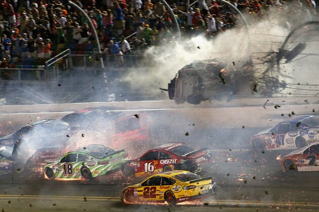 DAYTONA BEACH, FL - JULY 06:  Austin Dillon, driver of the #3 Bass Pro Shops Chevrolet, is involved in an on-track incident following the checkered flag during the NASCAR Sprint Cup Series Coke Zero 400 Powered by Coca-Cola at Daytona International Speedway on July 6, 2015 in Daytona Beach, Florida.  (Photo by Patrick Smith/Getty Images)