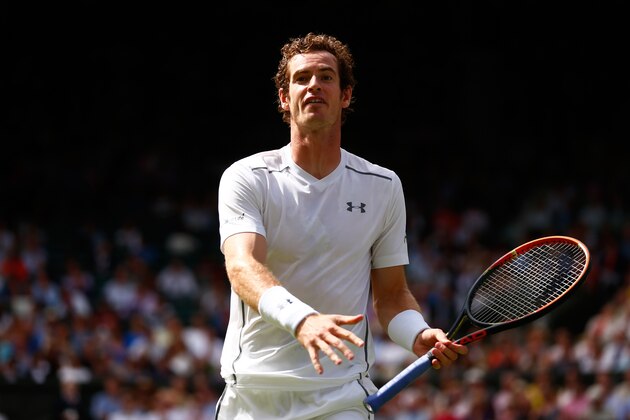 LONDON, ENGLAND - JULY 06:  Andy Murray of Great Britain reacts in his Gentlemen's Singles Fourth Round match against Ivo Karlovic of Croatia during day seven of the Wimbledon Lawn Tennis Championships at the All England Lawn Tennis and Croquet Club on July 6, 2015 in London, England.  (Photo by Julian Finney/Getty Images)