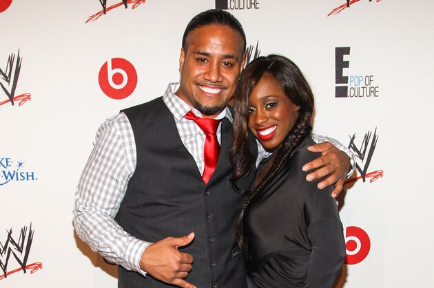 From left, WWE Superstars Jonathan Fatu (AKA Jimmy Uso) and Trinity McCray (AKA Naomi) arrive at the Superstars of Hope honors Make A Wish Foundation event at The Beverly Hills Hotel on Thursday, August 15, 2013 in Beverly Hills, Calif. (Photo by Paul A. Hebert/Invision/AP)