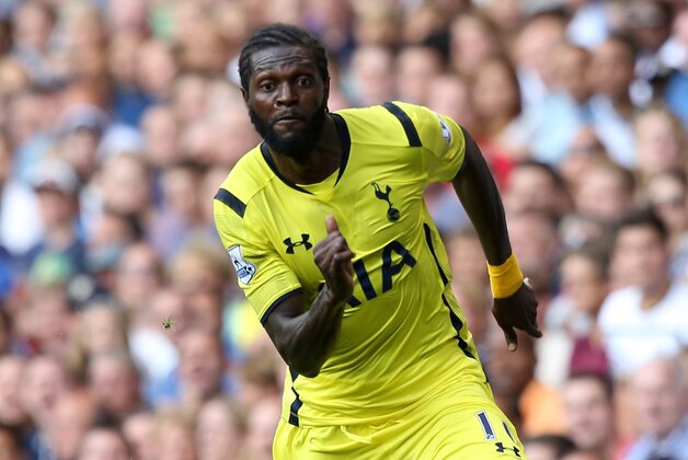 LONDON, ENGLAND - AUGUST 09:  Emmanuel Adebayor of Spurs controls the ball during a pre season friendly match between Tottenham Hotspur and FC Schalke at White Hart Lane on August 9, 2014 in London, England.  (Photo by Jan Kruger/Getty Images)