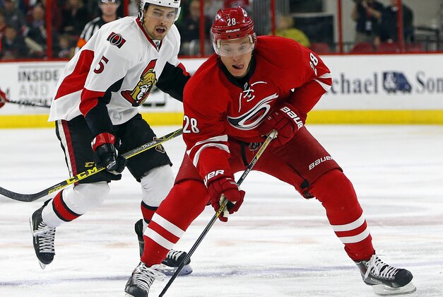 Carolina Hurricanes' Alexander Semin (28) of Russia, brings the puck up the ice after taking it away from Ottawa Senators' Cody Ceci (5) during the second period of an NHL hockey game, Tuesday, March 17, 2015, in Raleigh, N.C. (AP Photo/Karl B DeBlaker)
