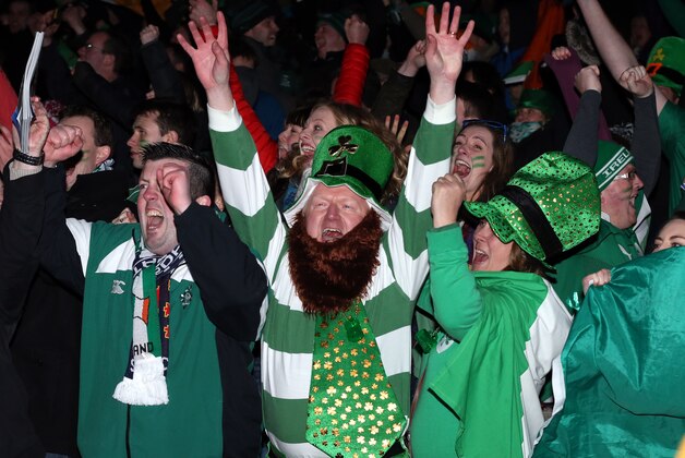 Ireland's supporters celebrate as they win the Six Nations rugby union international tournament at Murrayfield stadium, Edinburgh, Scotland, Saturday, March 21, 2015. (AP Photo/Scott Heppell)