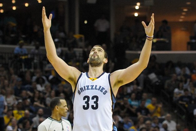 Apr 19, 2015; Memphis, TN, USA; Memphis Grizzlies center Marc Gasol (33) during the game against the Portland Trail Blazers in game one of the first round of the NBA Playoffs at FedExForum. Memphis Grizzlies beat Portland Trail Blazers 100 -86.Mandatory Credit: Justin Ford-USA TODAY Sports