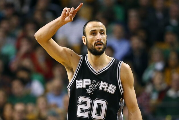 San Antonio Spurs' Manu Ginobili against the Boston Celtics during the second half of an NBA basketball game in Boston Sunday, Nov. 30, 2014. (AP Photo/Winslow Townson)