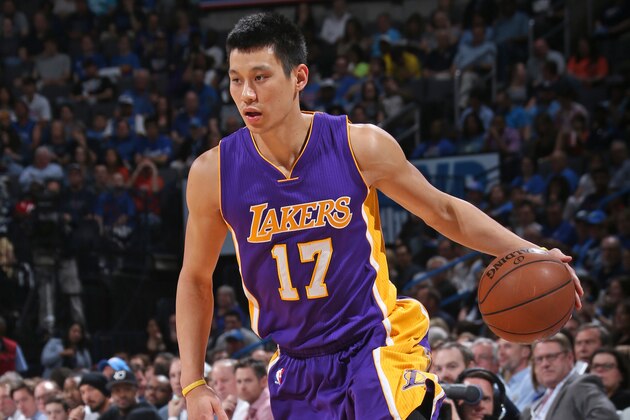 OKLAHOMA CITY, OK - MARCH 24:  Jeremy Lin #17 of the Los Angeles Lakers handles the ball against the Oklahoma City Thunder on March 24, 2015 at the Chesapeake Energy Arena in Oklahoma City, Oklahoma. NOTE TO USER: User expressly acknowledges and agrees that, by downloading and or using this Photograph, user is consenting to the terms and conditions of the Getty Images License Agreement. Mandatory Copyright Notice: Copyright 2015 NBAE (Photo by Layne Murdoch Jr./NBAE via Getty Images)