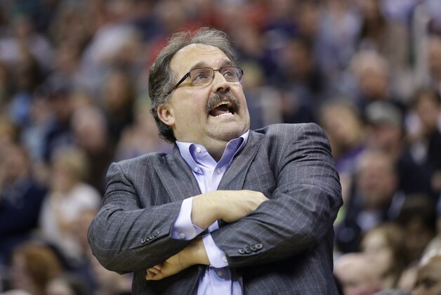 Detroit Pistons head coach Stan Van Gundy shouts to his team in the fourth quarter of an NBA basketball game against the Utah Jazz Saturday, March 14, 2015, in Salt Lake City. The Jazz won 88-85. (AP Photo/Rick Bowmer)