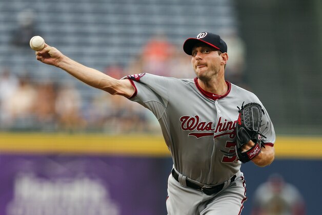 Washington Nationals starting pitcher Max Scherzer (31) works in the first inning of a baseball game against the Atlanta Braves  Thursday, July 2, 2015, in Atlanta.  (AP Photo/John Bazemore)