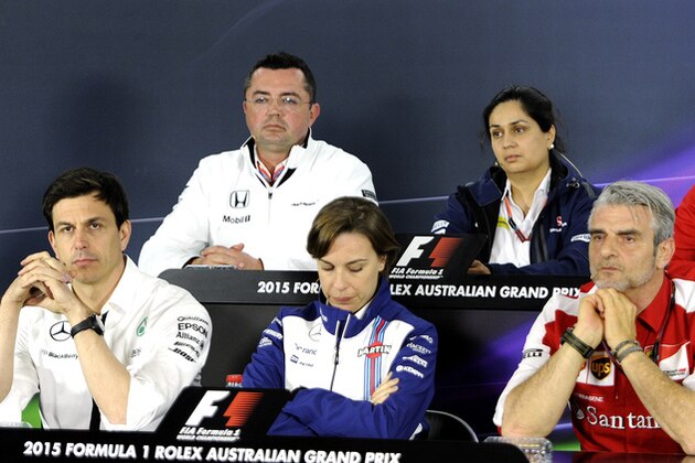 Principals of Formula One teams attend a press conference ahead of the Australian Formula One Grand Prix at Albert Park in Melbourne, Australia, Friday, March 13, 2015. They are, from left to right back row, Eric Boullier of McLaren, Monisha Kaltenborn of Sauber, Graeme Lowden of Manor. From left front row are Toto Wolff of Mercedes AMG Petronas, Claire Williams of Williams Martini Racing and Maurizio Arrivabene of Ferrari. (AP Photo/Ross Land)