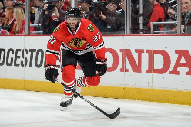 CHICAGO, IL - APRIL 21: Johnny Oduya #27 of the Chicago Blackhawks watches for the puck during Game Four of the Western Conference Quarterfinals against the Nashville Predators during the 2015 NHL Stanley Cup Playoffs at the United Center on April 21, 2015 in Chicago, Illinois. (Photo by Bill Smith/NHLI via Getty Images)