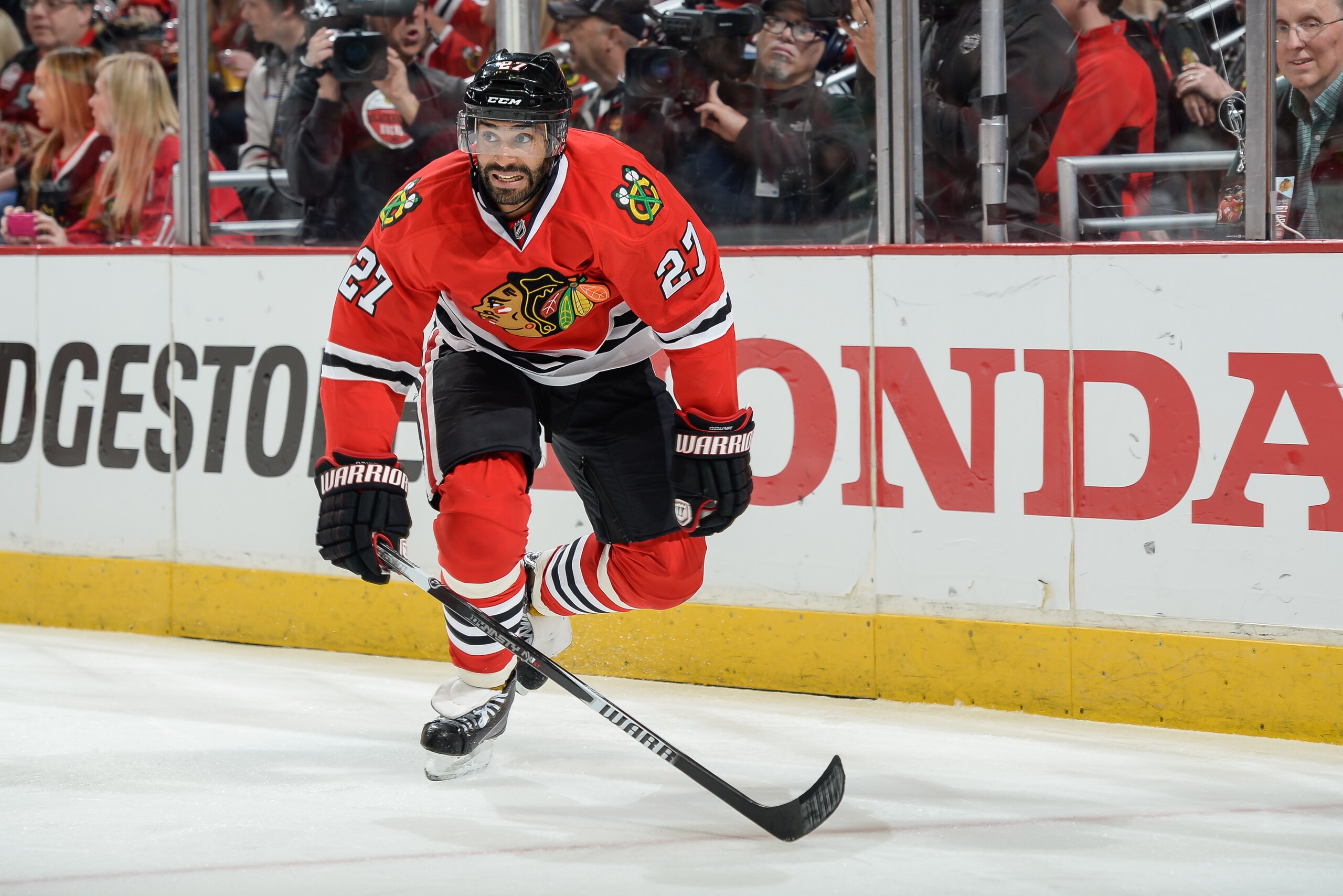 CHICAGO, IL - APRIL 21: Johnny Oduya #27 of the Chicago Blackhawks watches for the puck during Game Four of the Western Conference Quarterfinals against the Nashville Predators during the 2015 NHL Stanley Cup Playoffs at the United Center on April 21, 2015 in Chicago, Illinois. (Photo by Bill Smith/NHLI via Getty Images)