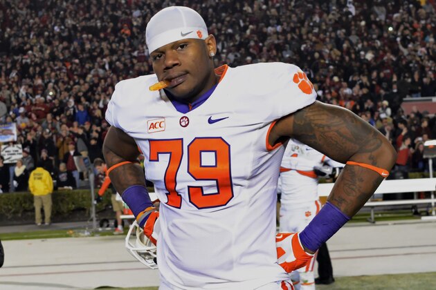 Clemson's Isaiah Battle reacts after an NCAA college football game against South Carolina Saturday Nov. 30, 2013 at Williams-Brice Stadium, in Columbia, S.C. South Carolina won 31-17. (AP Photo/ Richard Shiro)