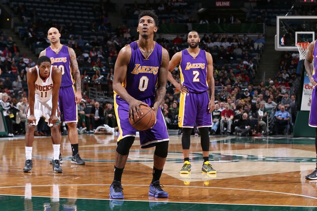 MILWAUKEE, WI -  FEBRUARY 4: Nick Young #0 of the Los Angeles Lakers prepares to shoot against the Milwaukee Bucks during the game on February 4, 2015 at BMO Harris Bradley Center in Milwaukee, Wisconsin . NOTE TO USER: User expressly acknowledges and agrees that, by downloading and or using this Photograph, user is consenting to the terms and conditions of the Getty Images License Agreement. Mandatory Copyright Notice: Copyright 2015 NBAE (Photo by Gary Dineen/NBAE via Getty Images)
