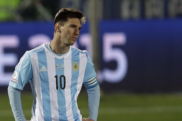 Argentina's Lionel Messi looks on after the Copa America final game agains Chile at the National Stadium in Santiago, Chile, Saturday, July 4, 2015. Chile's goalkeeper Claudio Bravo made a save and striker Alexis Sanchez converted the winning penalty as host Chile defeated Argentina 4-1 in a shootout after a 0-0 draw in the Copa America final.(AP Photo/Natacha Pisarenko)