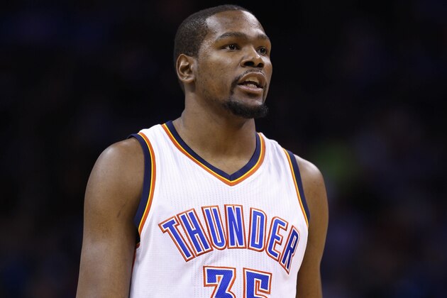OKLAHOMA CITY, OK - FEBRUARY 8: Kevin Durant #35 of the Oklahoma City Thunder looks on during the first half of the game against the Los Angeles Clippers at Chesapeake Energy Arena on February 8, 2015 in Oklahoma City, Oklahoma. NOTE TO USER: User expressly acknowledges and agrees that, by downloading and/or using this Photograph, user is consenting to the terms and conditions of the Getty Images License Agreement. (Photo by Joe Robbins/Getty Images)