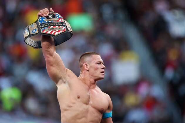 IMAGE DISTRIBUTED FOR WWE - WWE superstar John Cena celebrates winning the US title at WrestleMania 31 on Sunday, March 29, 2015 at Levi’s Stadium in Santa Clara, CA. WrestleMania broke the Levi’s Stadium attendance record at 76,976 fans from all 50 states and 40 countries.  (Don Feria/AP Images for WWE)