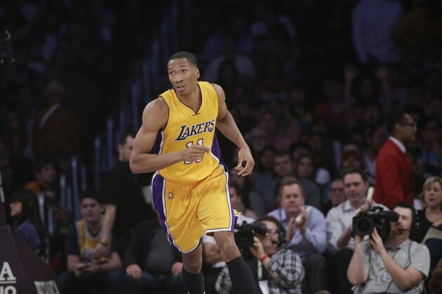 Los Angeles Lakers' Wesley Johnson during the first half of an NBA basketball game against the Utah Jazz, Thursday, March 19, 2015, in Los Angeles. (AP Photo/Jae C. Hong)