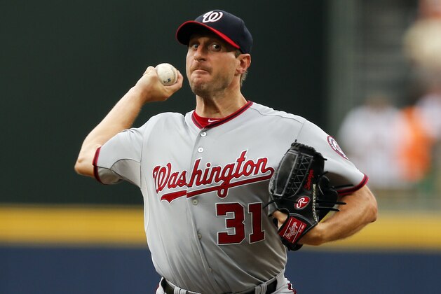 Washington Nationals starting pitcher Max Scherzer (31) works in the first inning of a baseball game against the Atlanta Braves  Thursday, July 2, 2015, in Atlanta.  (AP Photo/John Bazemore)