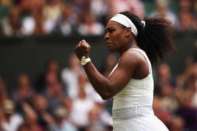 LONDON, ENGLAND - JULY 07:  Serena Williams of the United States celebrates during her Ladies Singles Quarter Final match against Victoria Azarenka of Belarus during day eight of the Wimbledon Lawn Tennis Championships at the All England Lawn Tennis and Croquet Club on July 7, 2015 in London, England.  (Photo by Ian Walton/Getty Images)