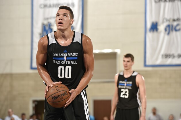 ORLANDO, FL - JULY 6: Aaron Gordon #00 of the Orlando Magic Blue attempts a free throw against the Oklahoma City Thunder on July 6, 2015 at Amway Center in Orlando, Florida. NOTE TO USER: User expressly acknowledges and agrees that, by downloading and or using this photograph, User is consenting to the terms and conditions of the Getty Images License Agreement. Mandatory Copyright Notice: Copyright 2015 NBAE  (Photo by Fernando Medina/NBAE via Getty Images)