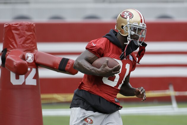 San Francisco 49ers wide receiver Anquan Boldin runs during an NFL football mini-camp in Santa Clara, Calif., Tuesday, June 9, 2015. (AP Photo/Jeff Chiu)