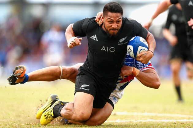 APIA, SAMOA - JULY 08:  George Moala of the New Zealand All Blacks scores a try on debut during the International Test match between Samoa and the New Zealand All Blacks at Apia Stadium on July 8, 2015 in Apia, Samoa.  (Photo by Phil Walter/Getty Images)