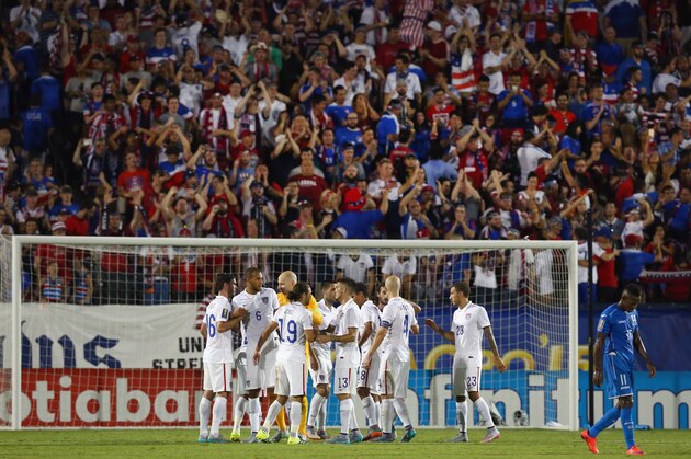 FRISCO, TX - JULY 07:  Team USA celebrates after beating Honduras 2-1 during the 2015 CONCACAF Gold Cup Group A match between USA and Honduras at Toyota Stadium on July 7, 2015 in Frisco, Texas.  (Photo by Tom Pennington/Getty Images)