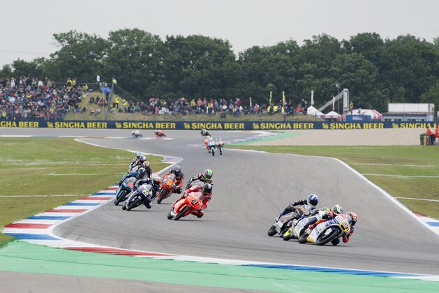 ASSEN, NETHERLANDS - JUNE 27:  Niccolo Antonelli of Italy and Ongetta Rivacold 
 leads the field during the Moto3 race during the MotoGP Netherlands - Race at  on June 27, 2015 in Assen, Netherlands.  (Photo by Mirco Lazzari gp/Getty Images)