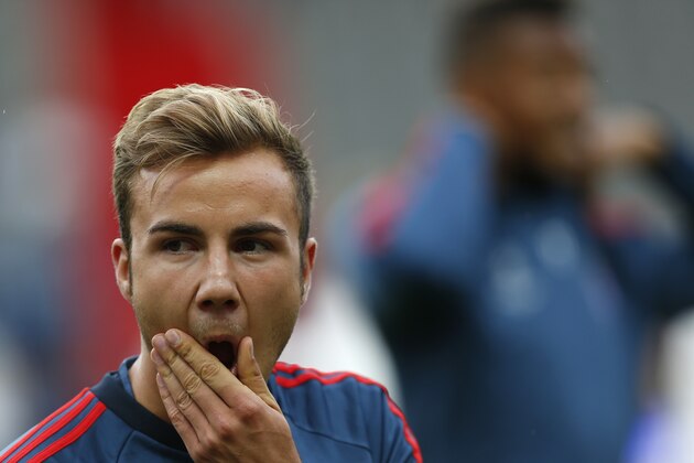 FC Bayern Munich's Mario Gotze, during a  training session for the Super Cup soccer match, at the Eden stadium in Prague, Czech Republic, Thursday, Aug. 29, 2013. Munich will play Chelsea in a Super Cup soccer match on Friday. (AP Photo/Petr David Josek)