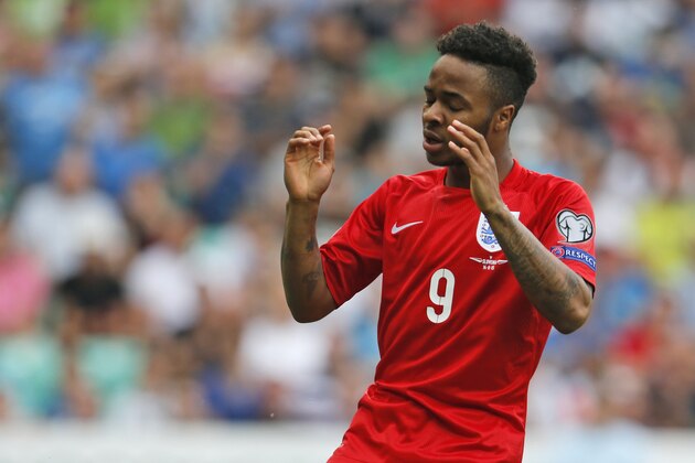 Raheem Sterling reacts during the Euro 2016 Group E qualifying soccer match between Slovenia and England, in Ljubljana, Slovenia, Sunday, June 14, 2015. (AP Photo/Darko Bandic)