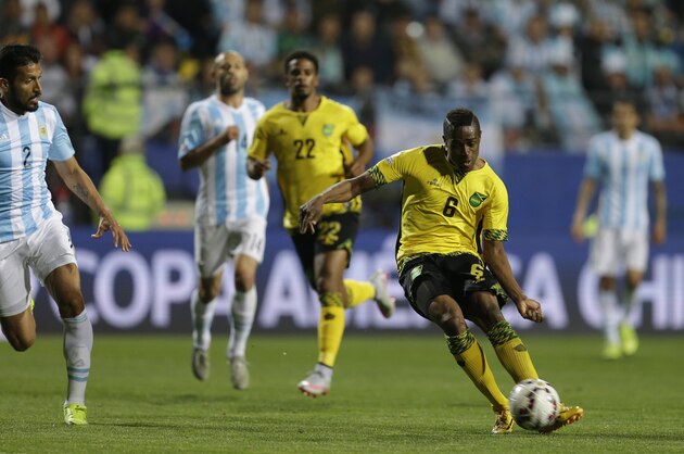 Jamaica's DeShorn Brown kicks the ball  during a Copa America Group B soccer match against Argentina at the Sausalito Stadium in Vina del Mar, Chile, Saturday, June 20, 2015. (AP Photo/Natacha Pisarenko)