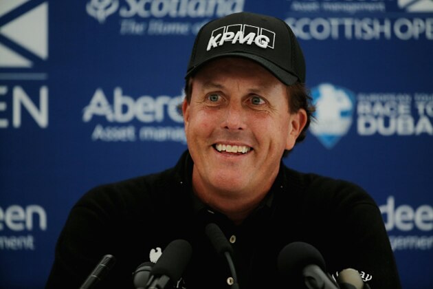 GULLANE, SCOTLAND - JULY 08:  Phil Mickelson of the United States is interviewed during a press conference prior to the start of the Aberdeen Asset Management Scottish Open at Gullane Golf Club on July 8, 2015 in Aberdeen, Scotland.  (Photo by Mike Ehrmann/Getty Images)