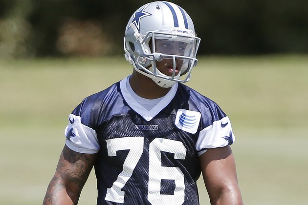 Dallas Cowboys defensive end Greg Hardy looks on during an NFL football organized team activity, Wednesday, May 27, 2015, in Irving, Texas. (AP Photo/Brandon Wade)
