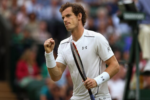LONDON, ENGLAND - JULY 08:  Andy Murray of Great Britain celebrates winning a point in his Gentlemens Singles Quarter Final match against Vasek Pospisil of Canada  during day nine of the Wimbledon Lawn Tennis Championships at the All England Lawn Tennis and Croquet Club on July 8, 2015 in London, England.  (Photo by Ian Walton/Getty Images)