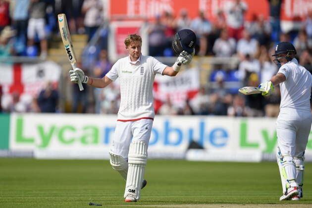CARDIFF, WALES - JULY 08:  England batsman Joe Root celebrates after reaching his century during day one of the 1st Investec Ashes Test match between England and Australia at SWALEC Stadium on July 8, 2015 in Cardiff, United Kingdom.  (Photo by Stu Forster/Getty Images)