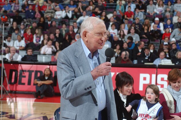 AUBURN HILLS, MI - DECEMBER 16:  Detroit Pistons owner Bill Davidson speaks during the game with the Chicago Bulls on December 16, 2005 at the Palace of Auburn Hills in Auburn Hills, Michigan.  The pistons won 110-82. NOTE TO USER: User expressly acknowledges and agrees that, by downloading and/or using this photograph, User is consenting to the terms and conditions of the Getty Images License Agreement.  Mandatory Copyright Notice: Copyright 2005 NBAE (Photo by Allen Einstein/NBAE via Getty Images)
