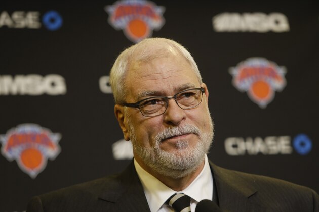 New York Knicks president Phil Jackson speaks during a news conference before an NBA basketball game against the Charlotte Hornets, Saturday, Jan. 10, 2015, in New York. (AP Photo/Frank Franklin II)