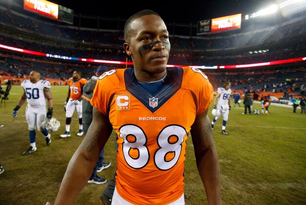 Jan 11, 2015; Denver, CO, USA; Denver Broncos wide receiver Demaryius Thomas (88) after their loss to the Indianapolis Colts in the 2014 AFC Divisional playoff football game at Sports Authority Field at Mile High. The Colts won 24-13. Mandatory Credit: Chris Humphreys-USA TODAY Sports