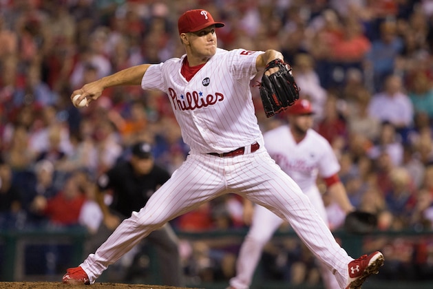 Jul 2, 2015; Philadelphia, PA, USA; Philadelphia Phillies relief pitcher Jonathan Papelbon (58) pitches during the tenth inning against the Milwaukee Brewers at Citizens Bank Park. The Brewers won 8-7. Mandatory Credit: Bill Streicher-USA TODAY Sports